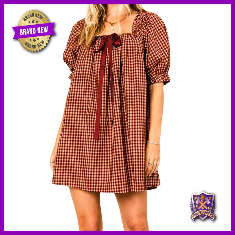Gingham Babydoll Dress Puff Sleeves Square Neck A-Line Mini Retro Chic